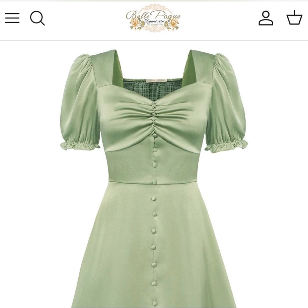 Belle Poque Sage Green Midi A-Line Dress with Puff Sleeves